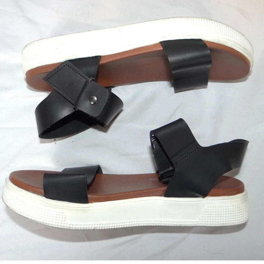 MIA Womens Black Faux Leather Platform Sandals‎ Ankle Strap Hook Loop Size 5.5